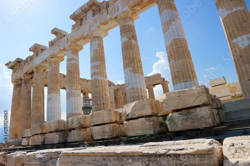 Scenic view of the ancient greek temple Parthenon in the acropolis of athens greece against bright blue sky