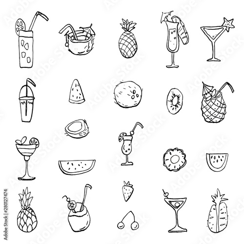 Collection of summer cold dessert ink doodles. Fresh cocktails and fruits. Vector stock set. Cute icons. Can be used for printed materials. Food holiday background. Hand drawn design elements.