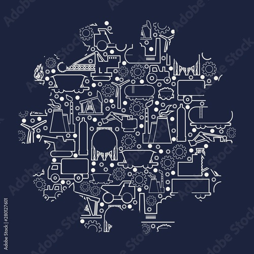 Concept of industrial plant and manufacture building. Energy generation and heavy industry. Brochure or cover design template. Gear shape with industrial thin line icons.