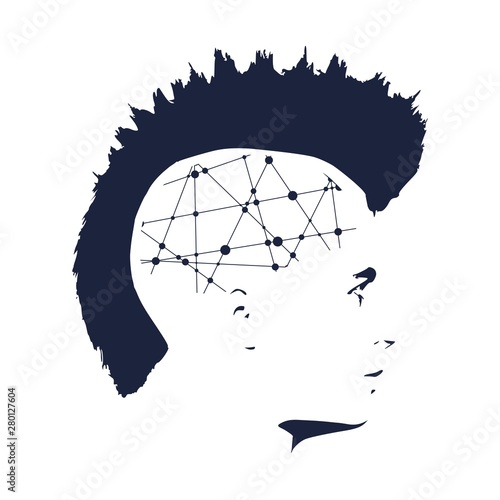 Isolated male face silhouette or icon. Mohawk hairstyle. Connected lines with dots.