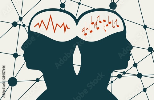 Silhouette of a men head. Teamwork relative brochure, report or leaflet design template. Human communication. Life line and notes as a symbol of a brains. Concept of differences
