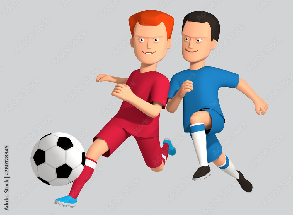 3d illustration boys football players run with a ball. Isolate 3d modeling