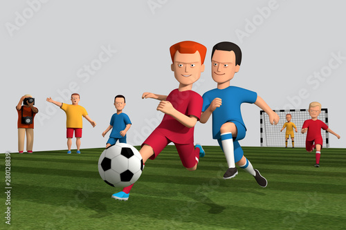 3d illustration of boys football players run with a ball on a green football field. Isolate 3d modeling