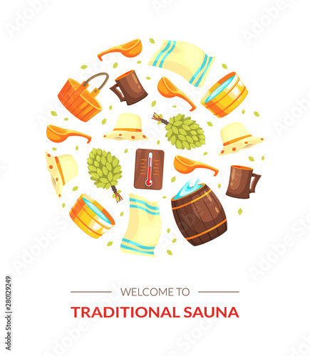 Welcome to Traditional Sauna Banner Template, Bathhouse Equipment Seamless Pattern of Round Shape Vector Illustration