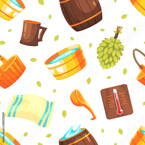Bathhouse Seamless Pattern, Sauna Equipment Design Element Can Be Used for Wallpaper, Packaging, Background Vector Illustration