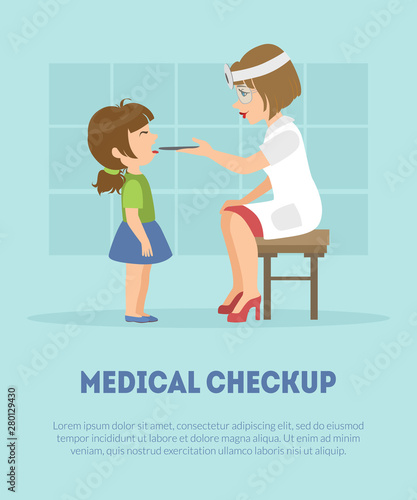 Female Otolaryngologist Examining Girls Throat in Clinic, Doctor Consulting Patient in Medical Office Vector Illustration