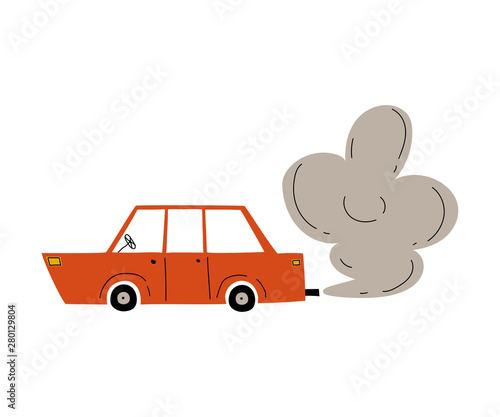 Red Car with Exhaust Smoke Cloud, Ecological Problem, Air Pollution Vector Illustration