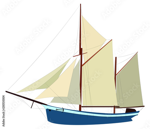 Vector colored minimal Schooner sailing ship illustration