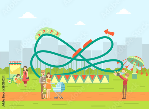 Amusement Park Landscape, Parents and Their Kids Relaxing and Walking in Nature Vector Illustration