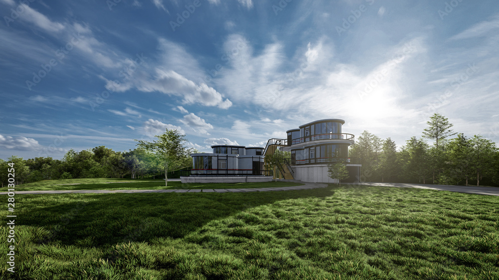 house on the hill. 3D rendering