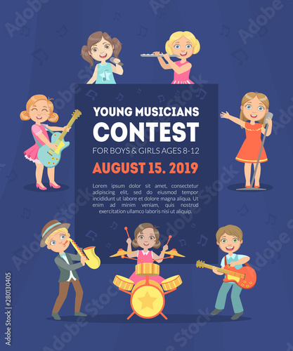 Young Musicians Contest Banner Template with Space for Text, Kids Singers and Musicians with Different Musical Instruments Vector Illustration