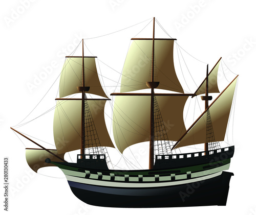 Vector colored sailing ship Caravel Illustration