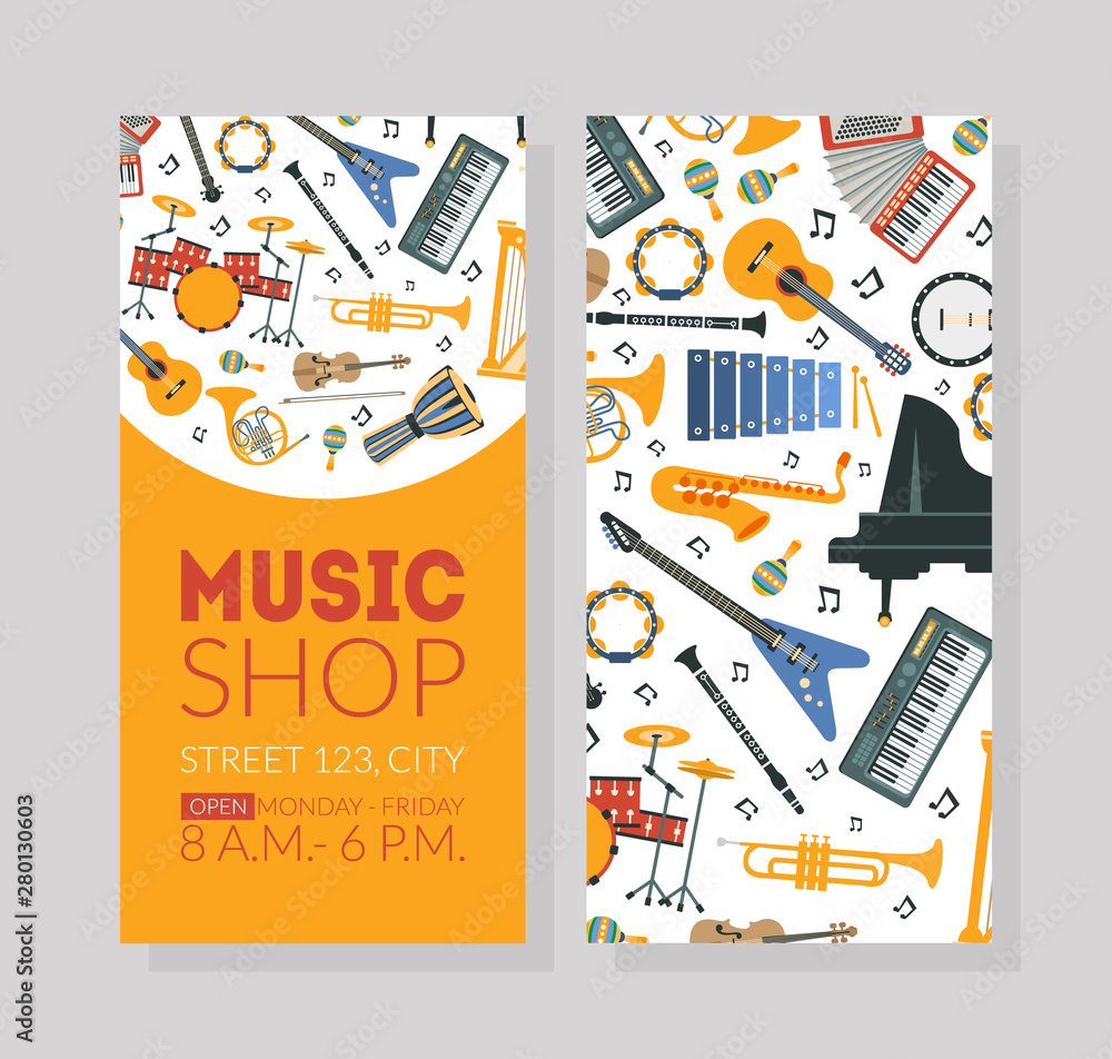 Music Shop Business Card Template with Musical Instruments and Space For Text Vector Illustration Music Shop Business Card Template with Musical Instruments and Space For Text Vector Illustration