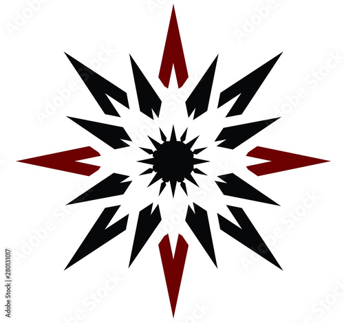 Abstract red and black vector 16 pointed chaos sun star symbol icon sign logo