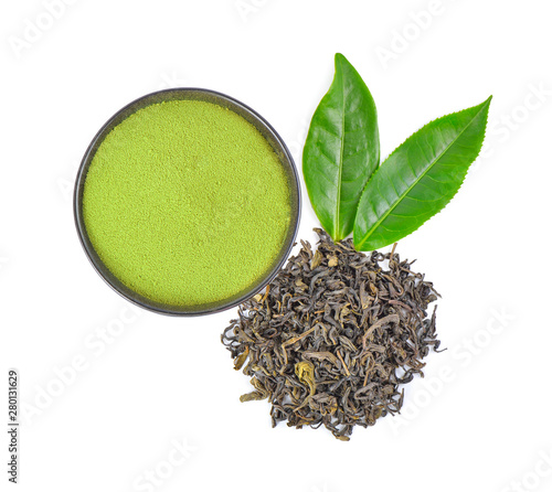 Картината върху платно Green tea powder on white background