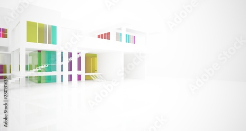 Abstract architectural white and glass gradient color interior of a minimalist house with large windows.. 3D illustration and rendering. © SERGEYMANSUROV