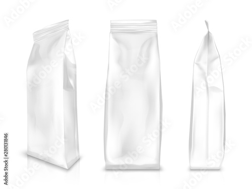 White blank plastic or foil pack realistic vector. Bag or pouch for snacks, sweets and coffee, front and side view, illustrations isolated on white background, mock up for packaging design