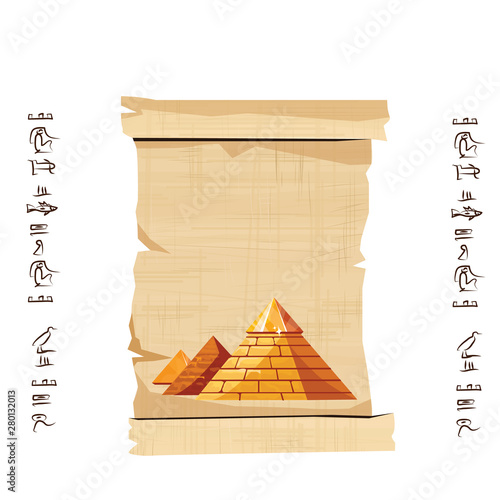 Ancient Egypt papyrus scroll with pyramid silhouette cartoon vector illustration. Ancient paper with hieroglyphs, storing information, Egyptian culture religious symbols, isolated on white background