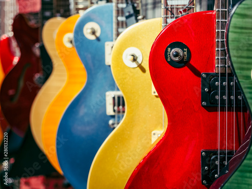 Electric Guitars Music instrument colourful collection Shop display photo
