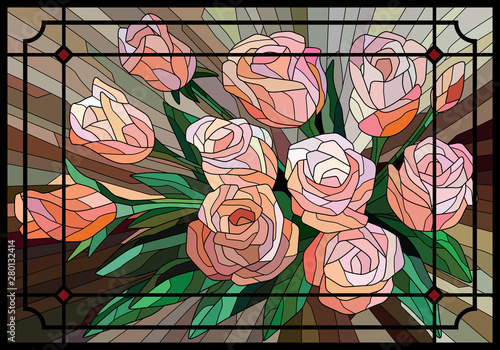 Stained Glass Roses on a brown background in the frame. Black lines. Vector full color graphics