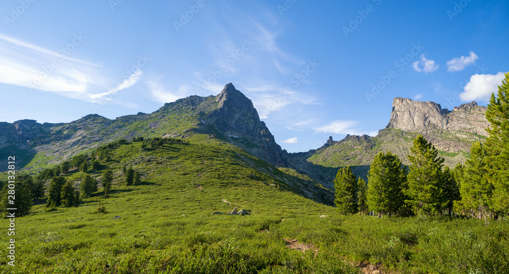 Natural Park Ergaki. View of the tops of the Bird and Star. Siberian Mountains Western Sayan