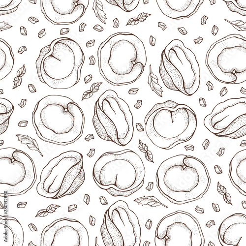 Seamless pattern of dumplings with spice. Ravioli. Vareniki. Pelmeni. Food. Cooking. National dishes. Products from the dough and meat. Sketch hand drawn background. For restaurant menu