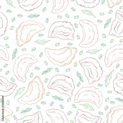 Seamless pattern of dumplings with spice. Ravioli. Vareniki. Pelmeni. Food. Cooking. National dishes. Products from the dough and meat. Sketch hand drawn background. For restaurant menu