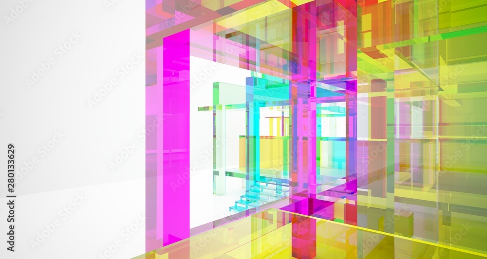 Fototapeta premium Abstract architectural glass gradient color interior of a minimalist house with large windows.. 3D illustration and rendering.