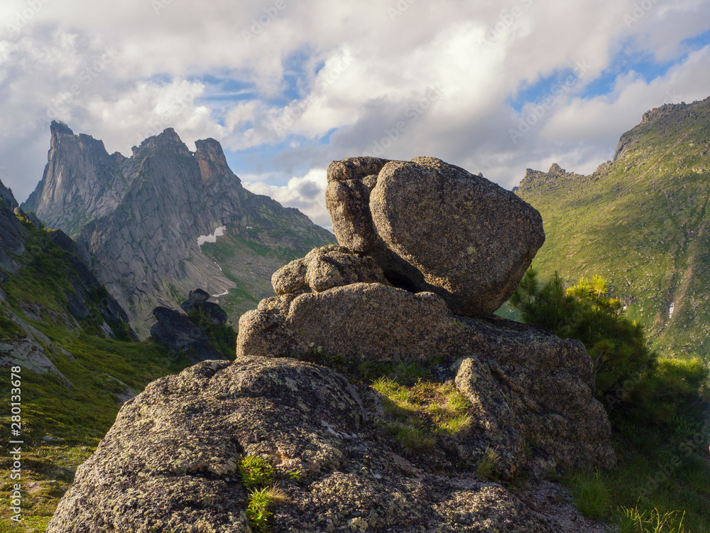 View of the ancient stones in the Ergaki Nature Park. Siberian wildlife