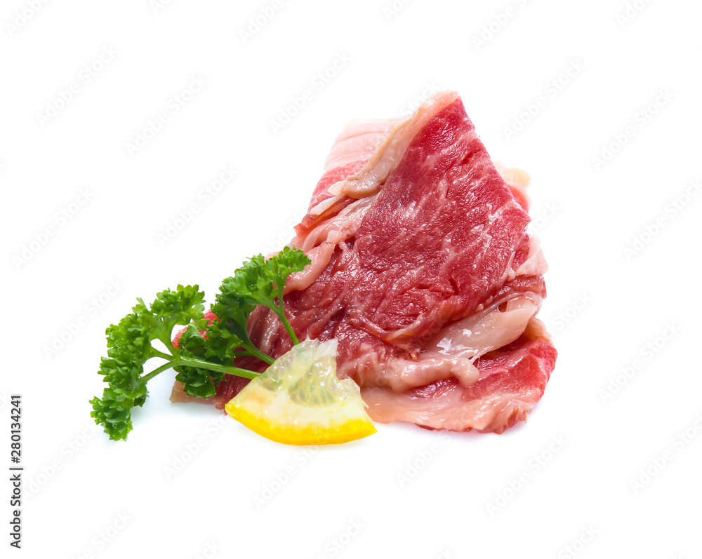Fresh raw beef meat slices isolated over white background Fresh raw beef meat slices isolated over white background