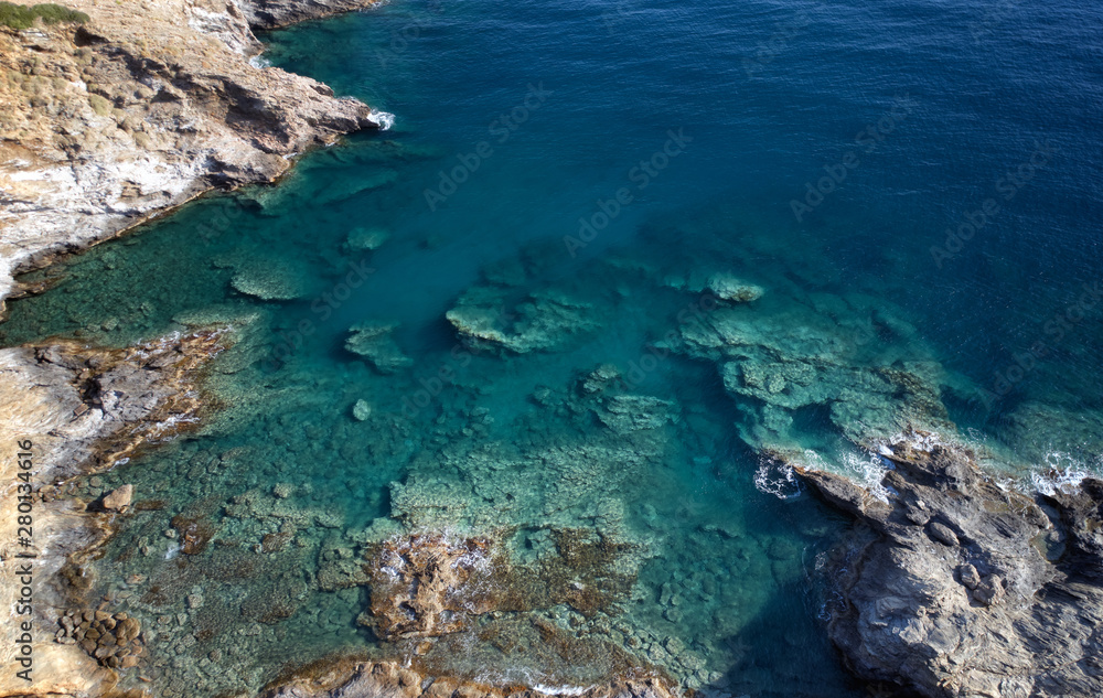 Aerial view of mediterranean sea coast near village Bali with transparent water. Crete, Greece
