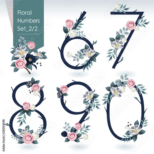 Vector illustration of floral numbers collection in spring. A set of beautiful flowers and numbers for wedding, invitations and birthday cards	