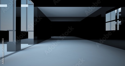 Abstract architectural white and black gloss interior of a minimalist house with large windows.. 3D illustration and rendering.