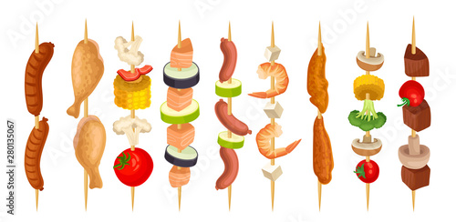 Different types of kebab on a wooden skewer. Vector illustration on white background.