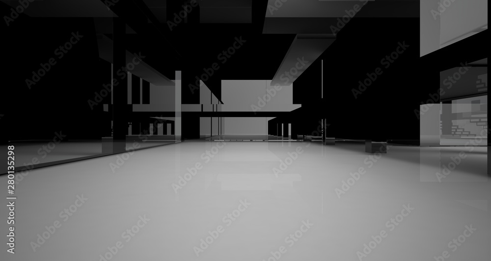 Abstract architectural white and black gloss interior of a minimalist house with large windows.. 3D illustration and rendering. Abstract architectural white and black gloss interior of a minimalist house with large windows.. 3D illustration and rendering.