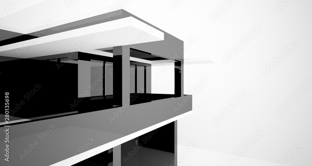 Abstract architectural white and black gloss interior of a minimalist house with large windows.. 3D illustration and rendering. Abstract architectural white and black gloss interior of a minimalist house with large windows.. 3D illustration and rendering.