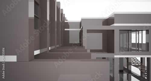 Abstract architectural white and brown gloss interior of a minimalist house with large windows.. 3D illustration and rendering.