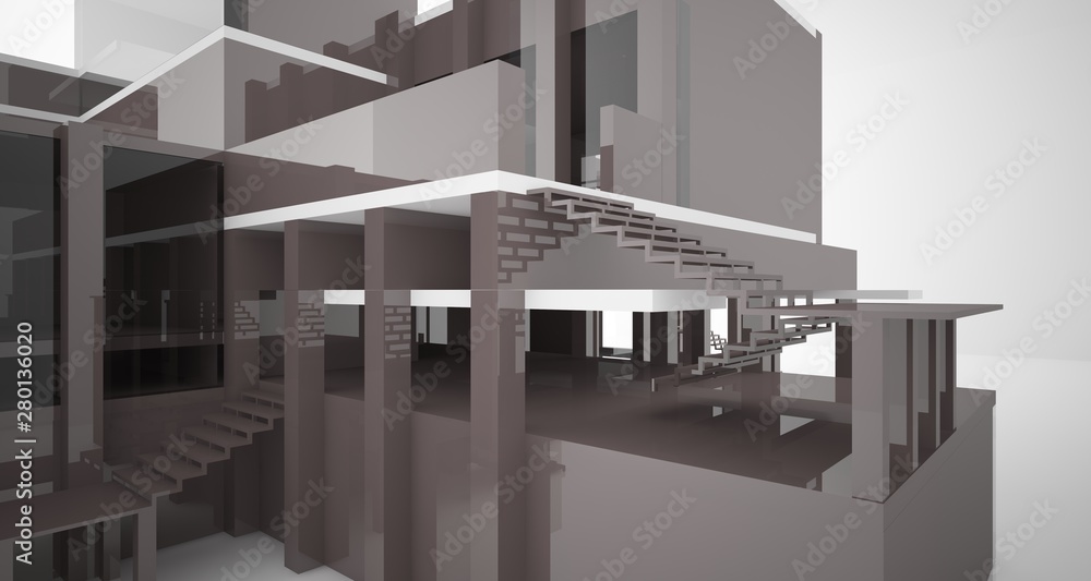 Abstract architectural white and brown gloss interior of a minimalist house with large windows.. 3D illustration and rendering. Abstract architectural white and brown gloss interior of a minimalist house with large windows.. 3D illustration and rendering.