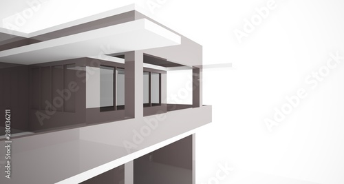 Abstract architectural white and brown gloss interior of a minimalist house with large windows.. 3D illustration and rendering. © SERGEYMANSUROV