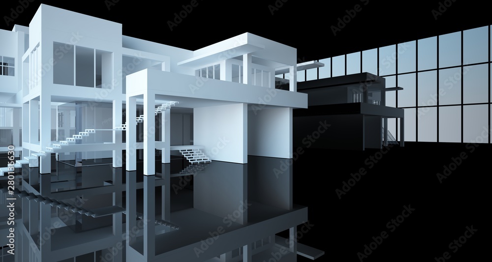 Abstract architectural white and black gloss interior of a minimalist house with large windows.. 3D illustration and rendering. Abstract architectural white and black gloss interior of a minimalist house with large windows.. 3D illustration and rendering.