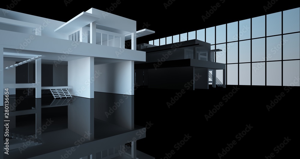 Abstract architectural white and black gloss interior of a minimalist house with large windows.. 3D illustration and rendering. Abstract architectural white and black gloss interior of a minimalist house with large windows.. 3D illustration and rendering.