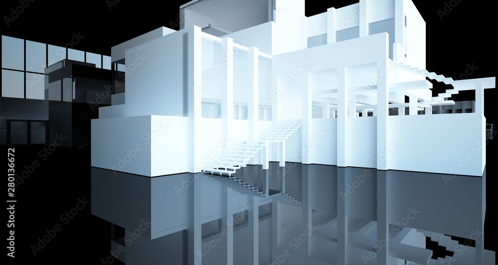 Fototapeta premium Abstract architectural white and black gloss interior of a minimalist house with large windows.. 3D illustration and rendering.