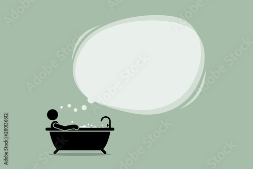 Thinking man taking a bath in the bathtub with a big empty bubble cloud. Vector artwork depicts shower thought, idea, understanding, contemplating, realization, solution, and mind.