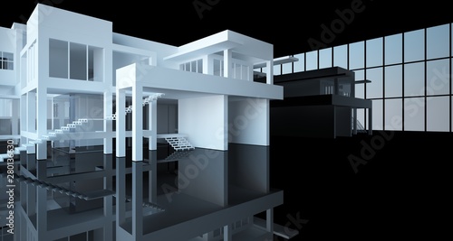 Abstract architectural white and black gloss interior of a minimalist house with large windows.. 3D illustration and rendering. © SERGEYMANSUROV