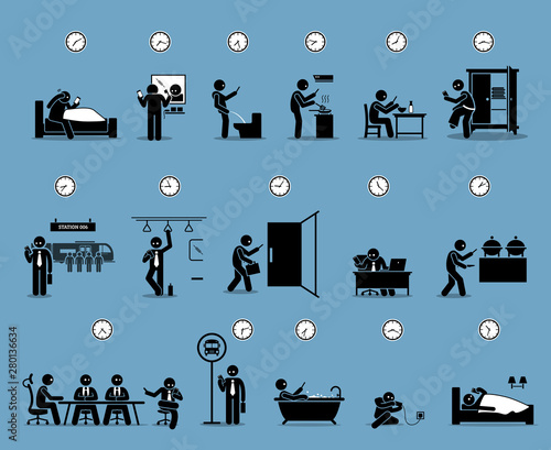 Phone addiction stick figure. Vector artwork depicts a man looking at his smartphone whole day. It shows Internet addiction, social media disorder, and phone obsession problem of modern society.