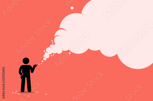 Stick figure smoker smoking cigarette with a lot of smoke. Vector artwork concept depicts unhealthy lifestyle, ignorant smoker, tobacco, nicotine, cancer, and addiction.
