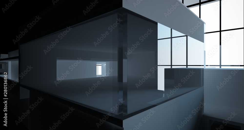 Obraz premium Abstract architectural white and black gloss interior of a minimalist house with large windows.. 3D illustration and rendering.