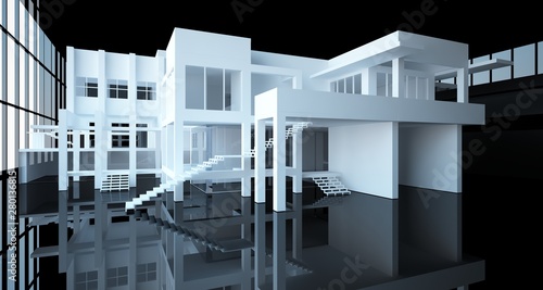 Abstract architectural white and black gloss interior of a minimalist house with large windows.. 3D illustration and rendering.