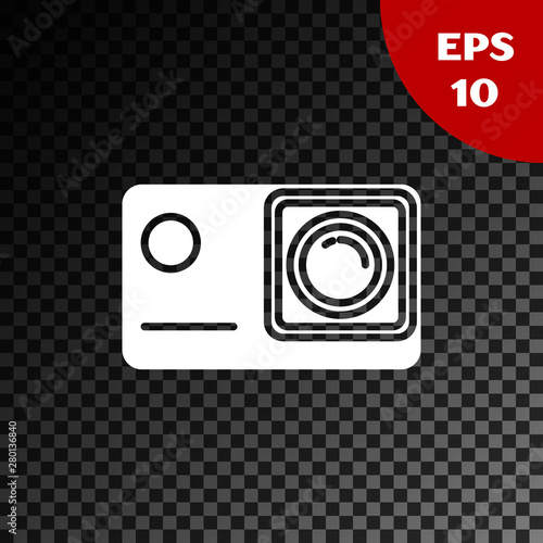 White Action extreme camera icon isolated on transparent dark background. Video camera equipment for filming extreme sports. Vector Illustration