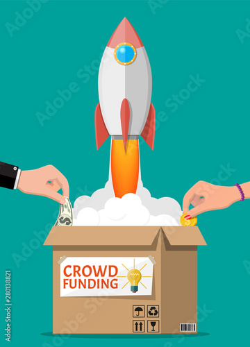 Cardboard box, space rocket and hands with money. Funding project by raising monetary contributions from people. Crowdfunding concept, startup or new business model. Vector illustration in flat style